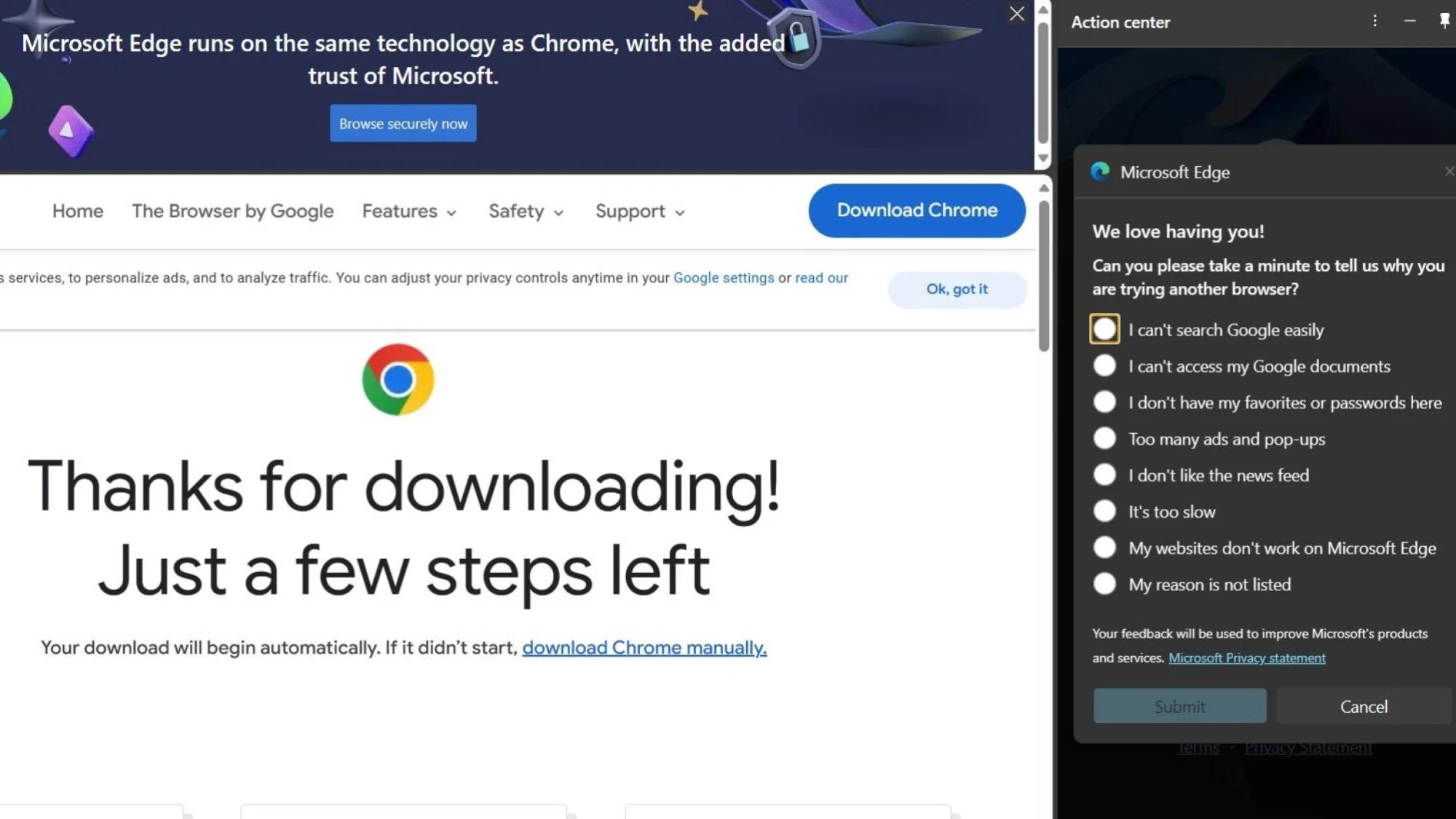 Google Chrome users: Microsoft Edge wants to know why you don’t want it