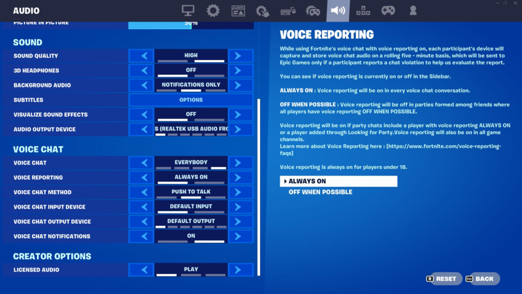 Voice reporting in Fortnite
